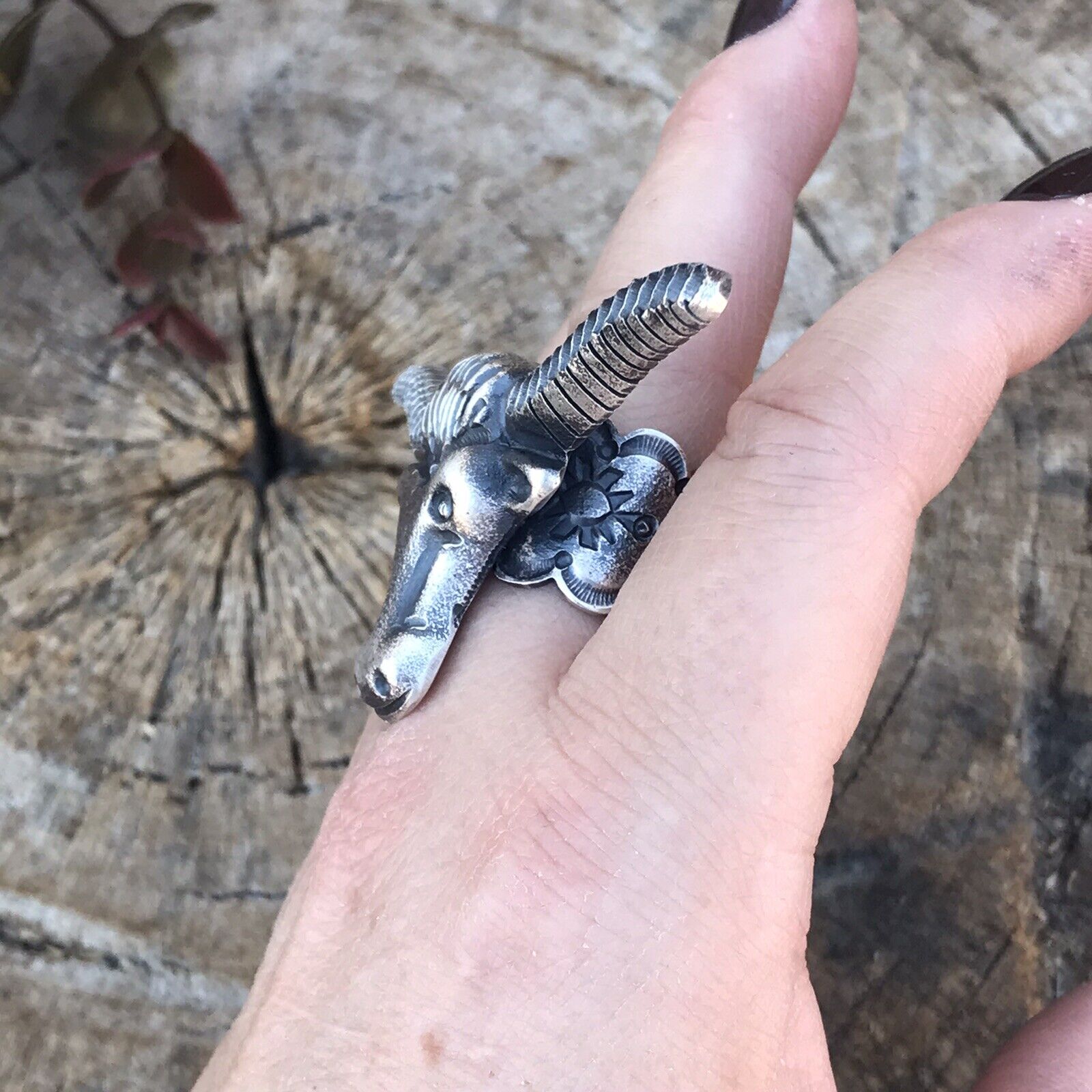 Navajo Sterling Silver Longhorn Cattle Steer Head Statement Ring