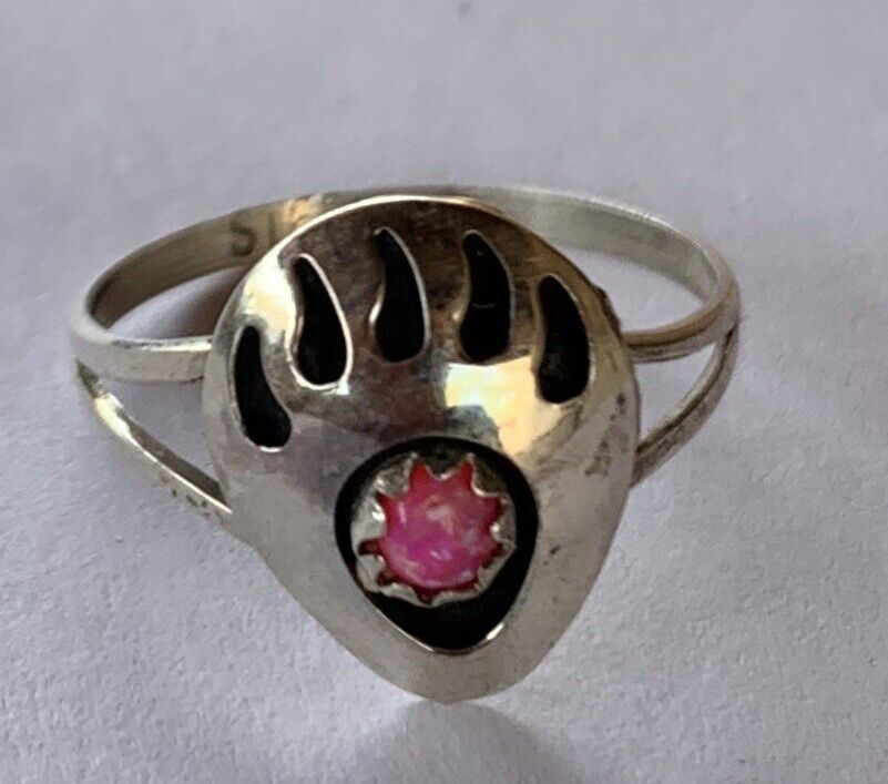 Navajo Sterling Silver Pink Opal Bear Paw Ring