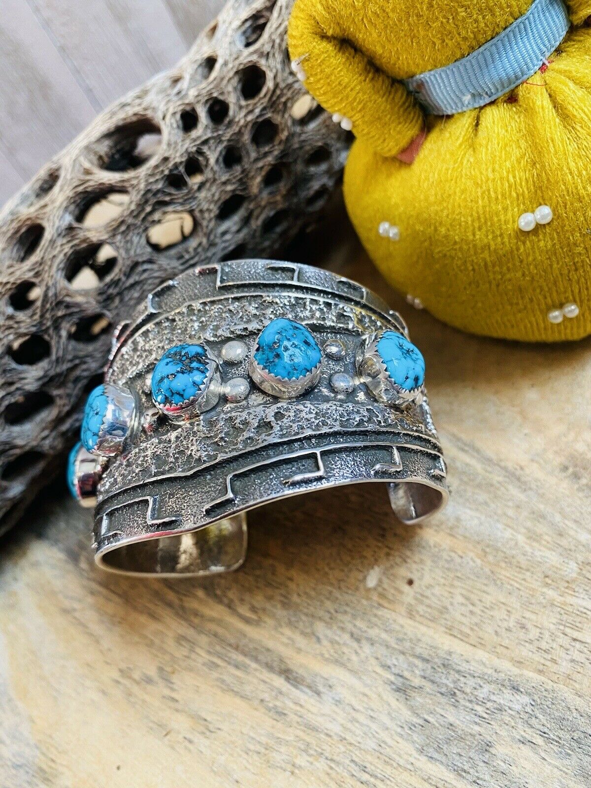 Navajo Kingman Turquoise & Hand Stamped Sterling Silver Cuff Bracelet