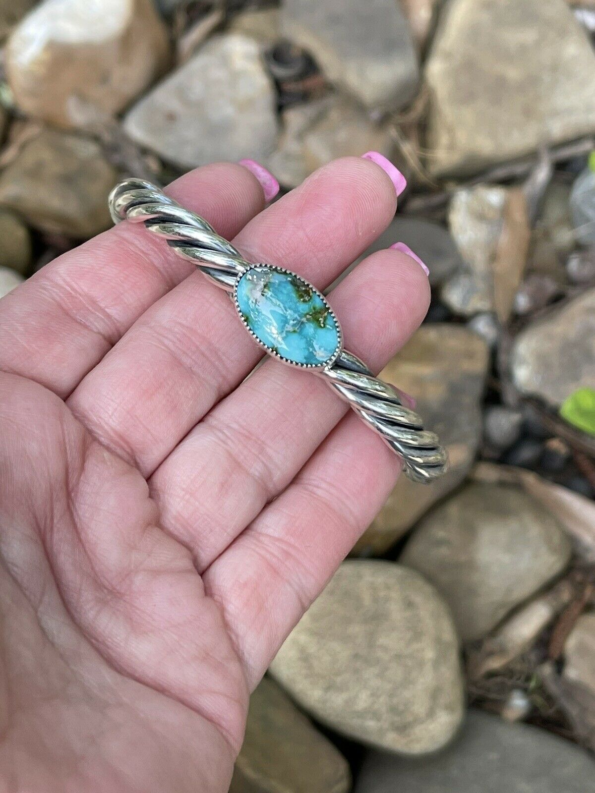 Beautiful Navajo Sterling Sonoran Mountain Turquoise Rope Style Bracelet Cuff