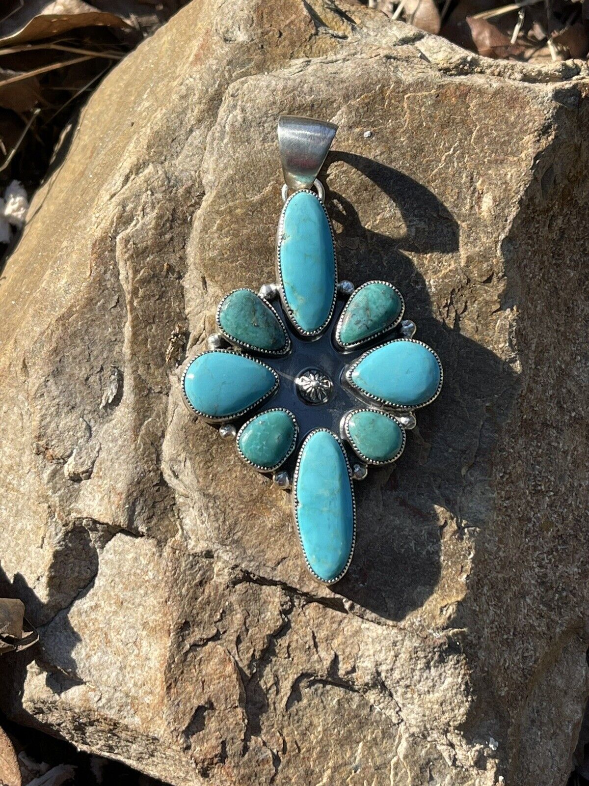 Navajo Multi Turquoise Cluster & Sterling Pendant Signed