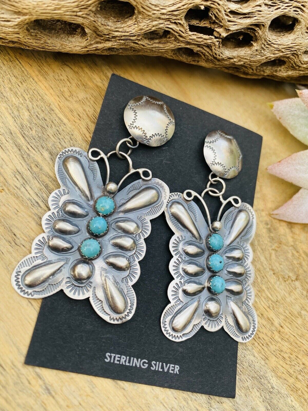 Navajo Turquoise & Sterling Silver Butterfly Dangle Earrings By Tim Yazzie