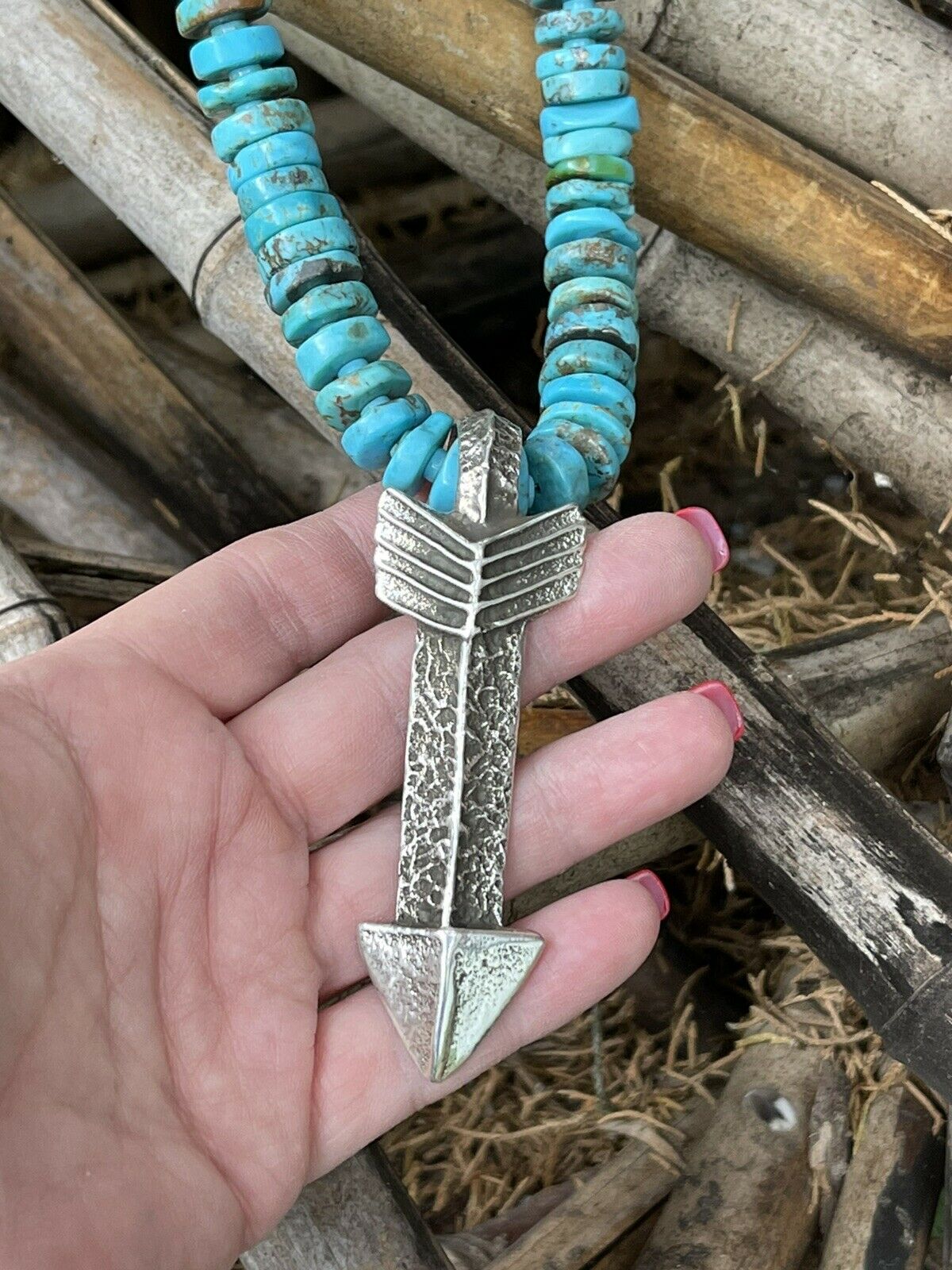 Navajo Natural Turquoise & Sterling Silver Tufa Cast Arrow Necklace