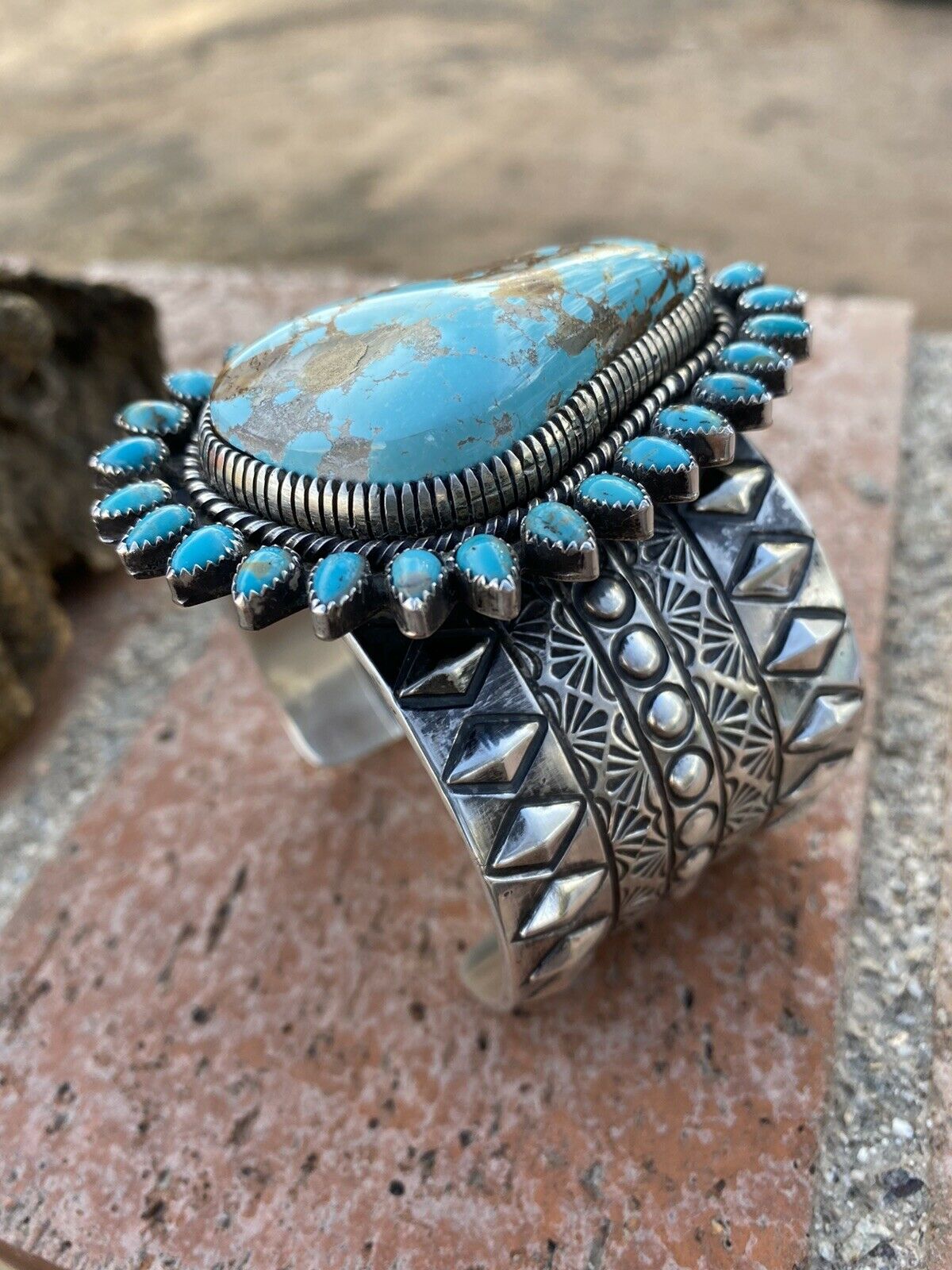 Navajo Sterling Silver & Royston Turquoise Cuff Bracelet Signed