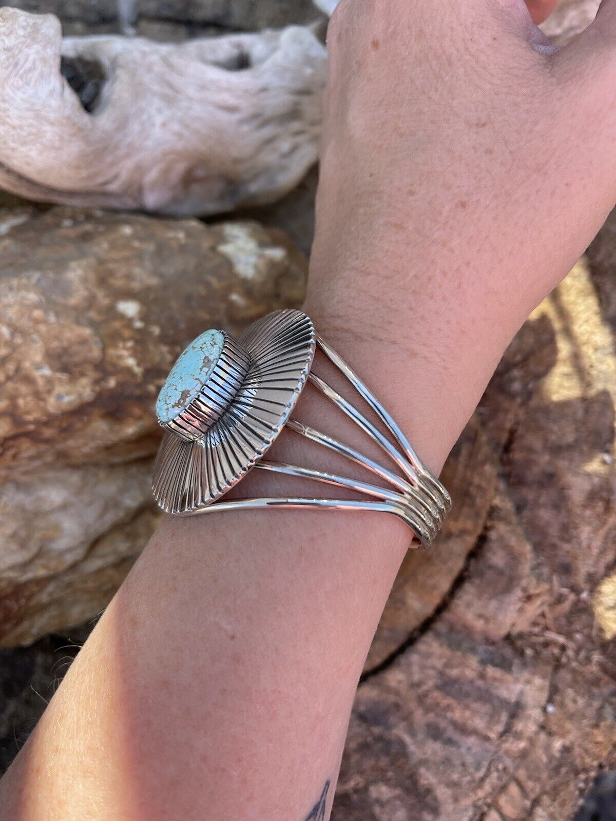 Navajo Handmade Sterling Silver & Number 8 Turquoise Signed Lined Cuff Signed