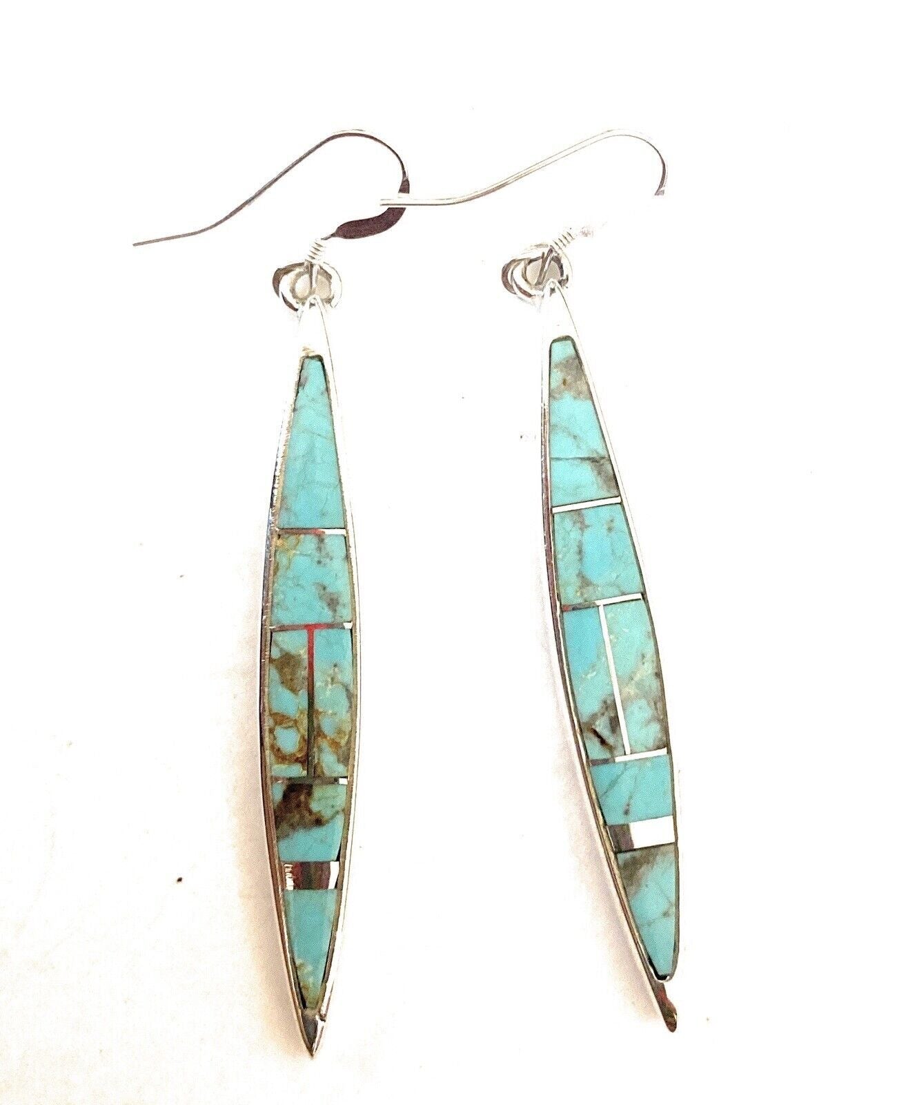 Navajo Number 8 Turquoise And Sterling Silver Inlay Dangle Earrings