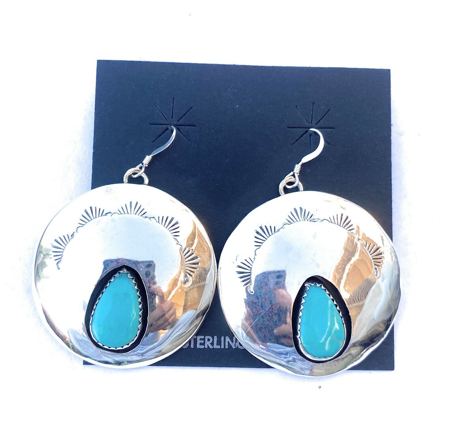 Navajo Sterling Silver & Turquoise Circle Dangle Earrings Signed