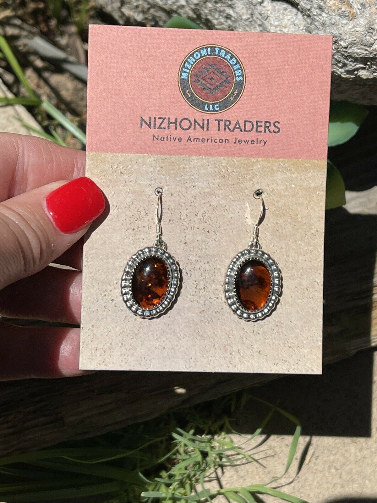 Navajo Sterling Silver and Bead Dot Style Amber Dangle Earrings