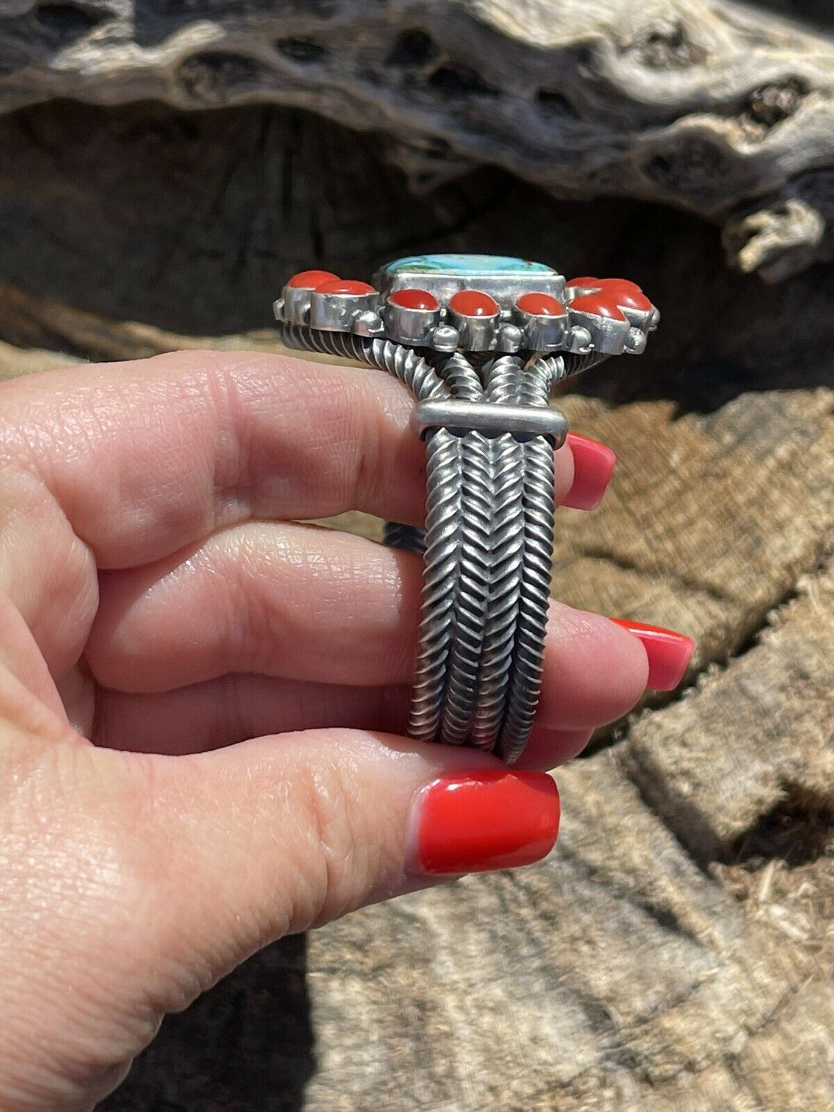 Navajo Sterling Kingman Web Turquoise & Red Coral Taos Bracelet Cuff B. Johnson