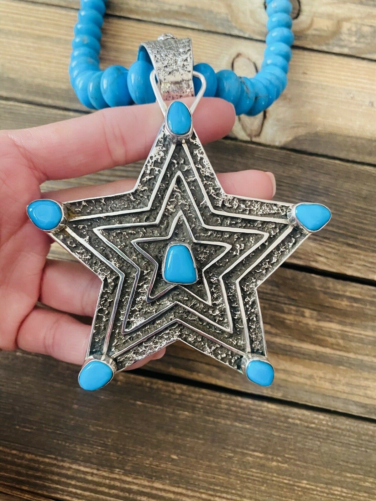 Navajo Turquoise & Sterling Silver Tufa Cast Star Beaded Necklace