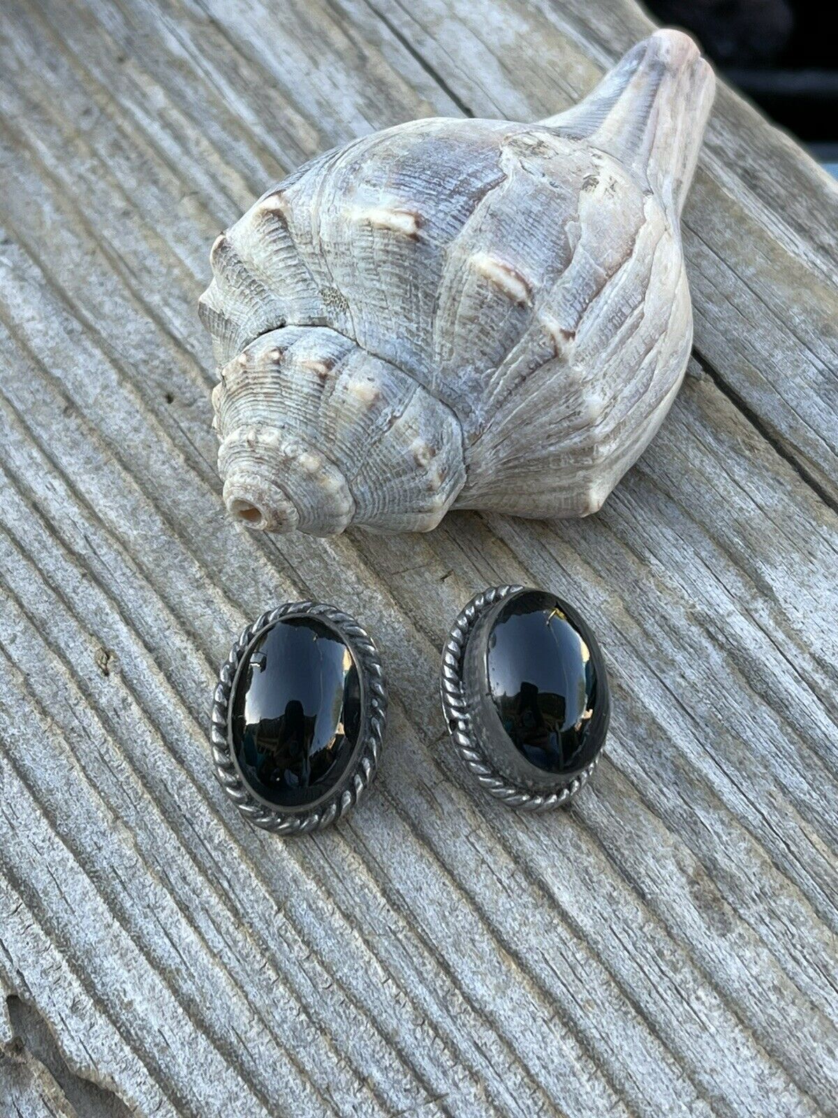 Vintage Navajo Sterling Silver Black Onyx Oval  Clip On Earrings Signed