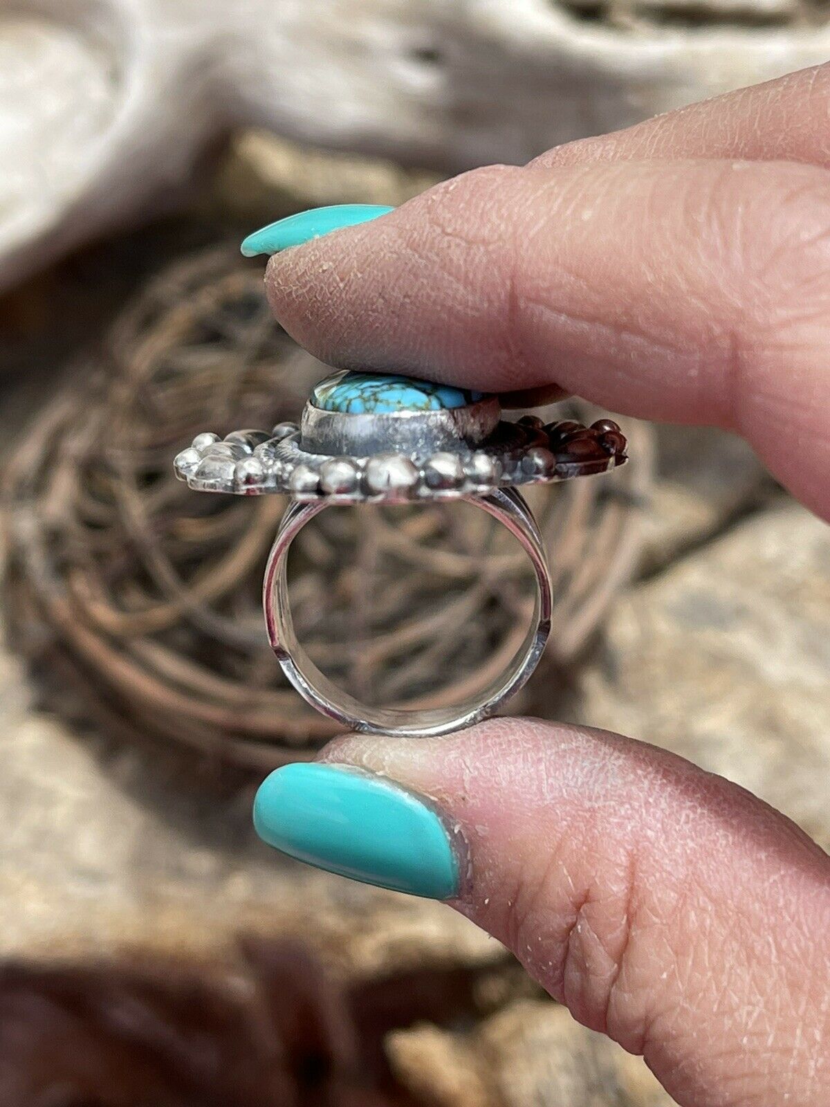 Navajo Sonoran Mountain Turquoise & Sterling Silver Statement Ring Size 8