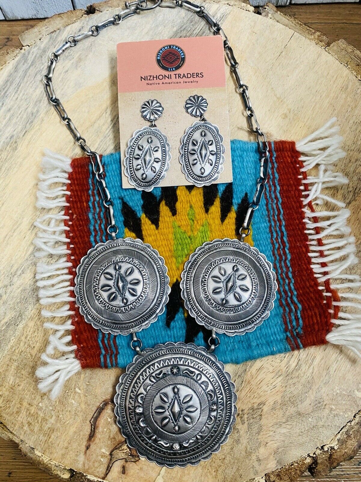 Navajo Hand Stamped Sterling Silver Necklace & Earring Set By Eugene Charley