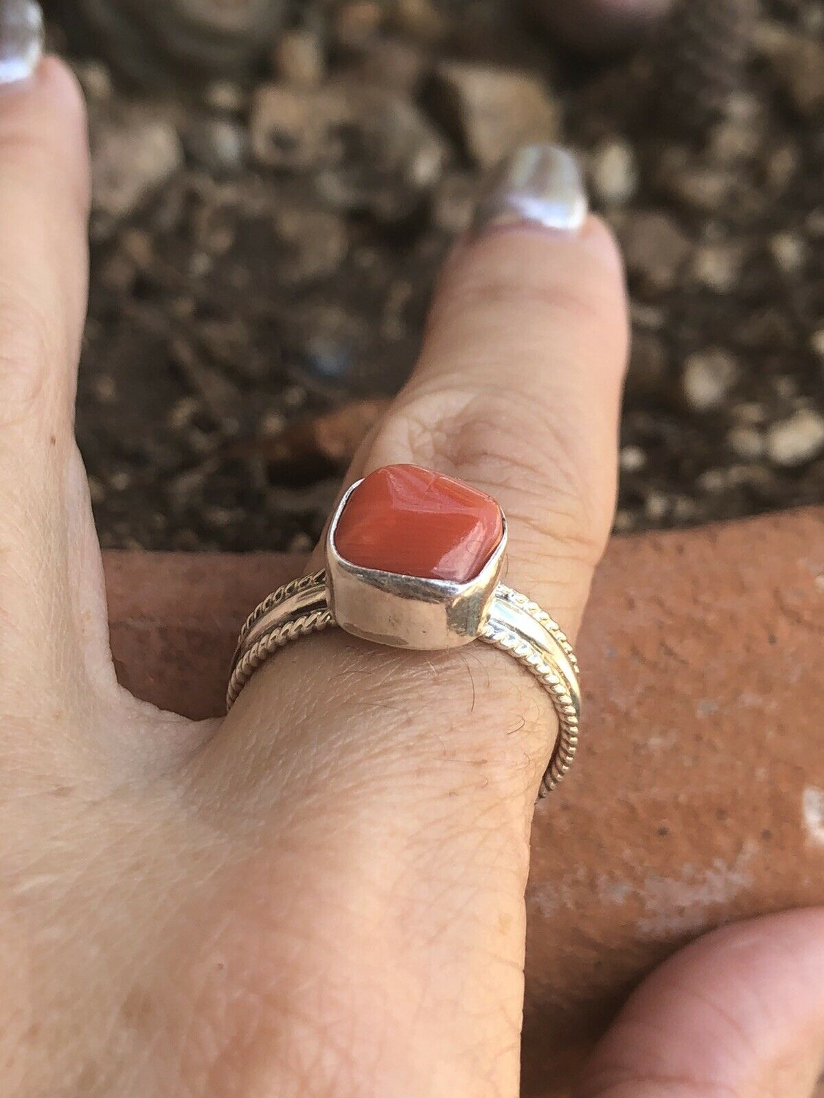 Navajo Natural Coral & Sterling Silver ring