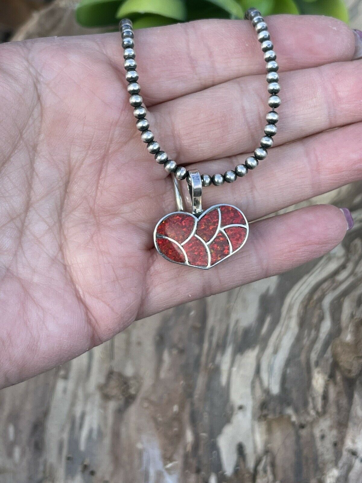 Zuni Iridescent Red Opal & Sterling Silver Heart Pendant