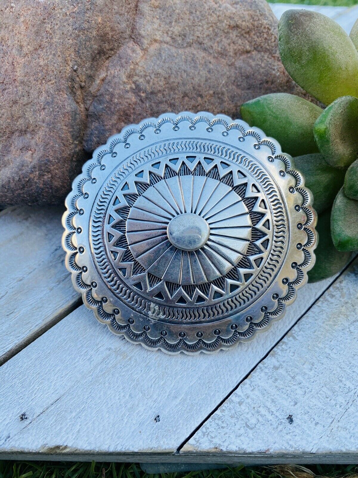 Vintage Navajo Hand Stamped Sterling Silver Belt Buckle Signed