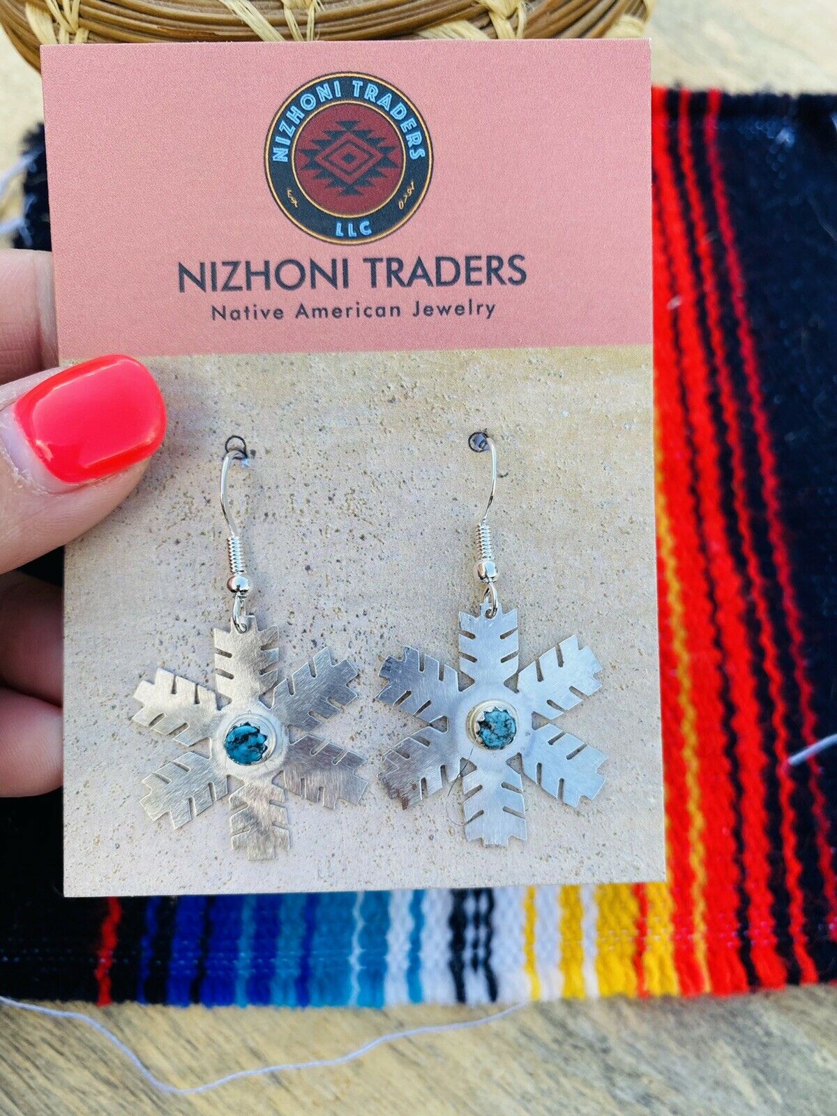 Navajo Sterling Silver & Turquoise Snowflake Dangle Earrings