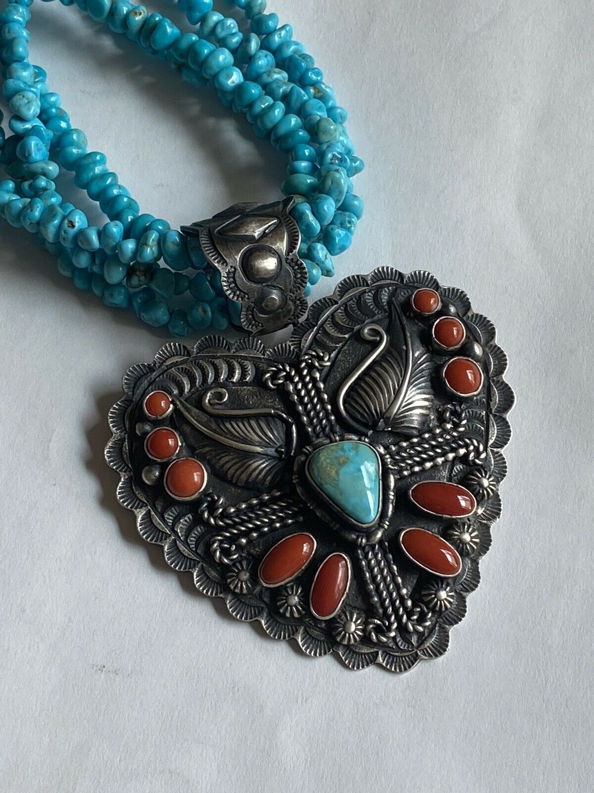 Shawn Cayatenito Sterling Silver Turquoise & Coral Heart Pendant Signed