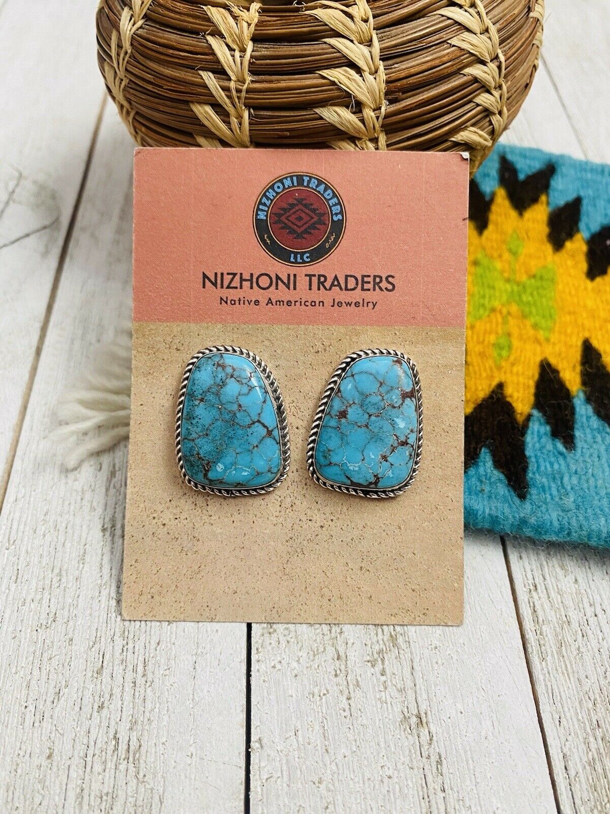 Navajo Kingman Turquoise & Sterling Silver Stud Earrings Signed