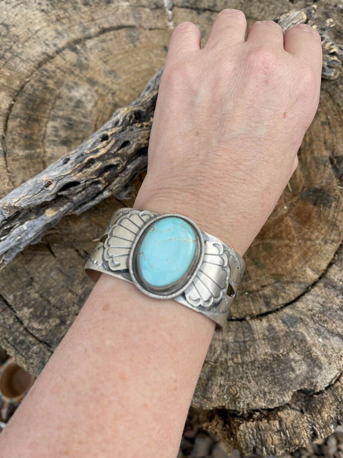 Incredible Navajo Dry Creek Turquoise And Sterling Star Silver Cuff Signed