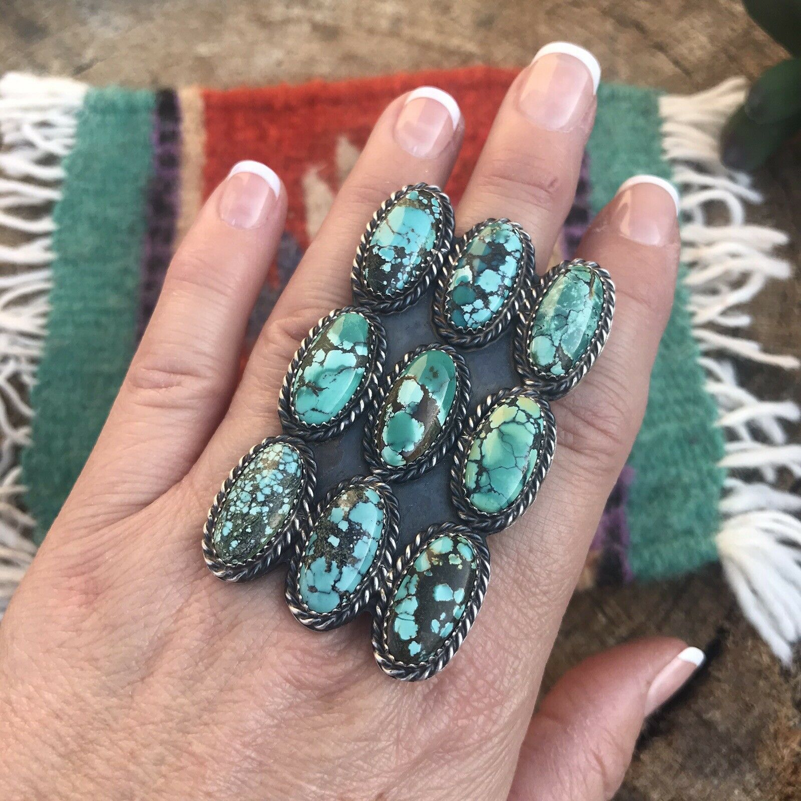 Navajo Tibetan Turquoise Sterling Silver Statement Ring Sz 8.5 Kevin Billah