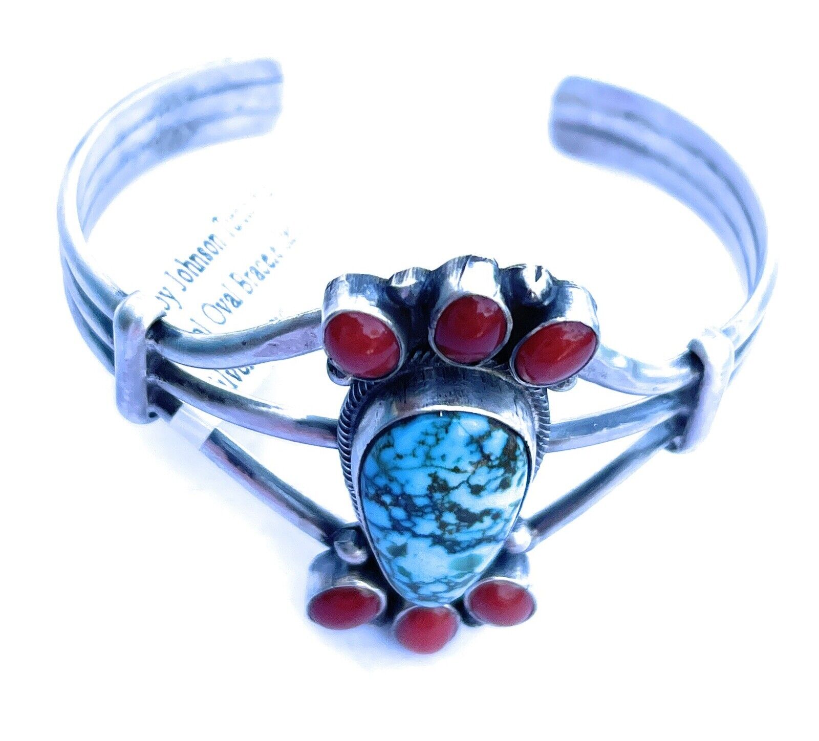 Navajo Sterling Kingman Web Turquoise & Red Coral Taos Bracelet Cuff Johnson