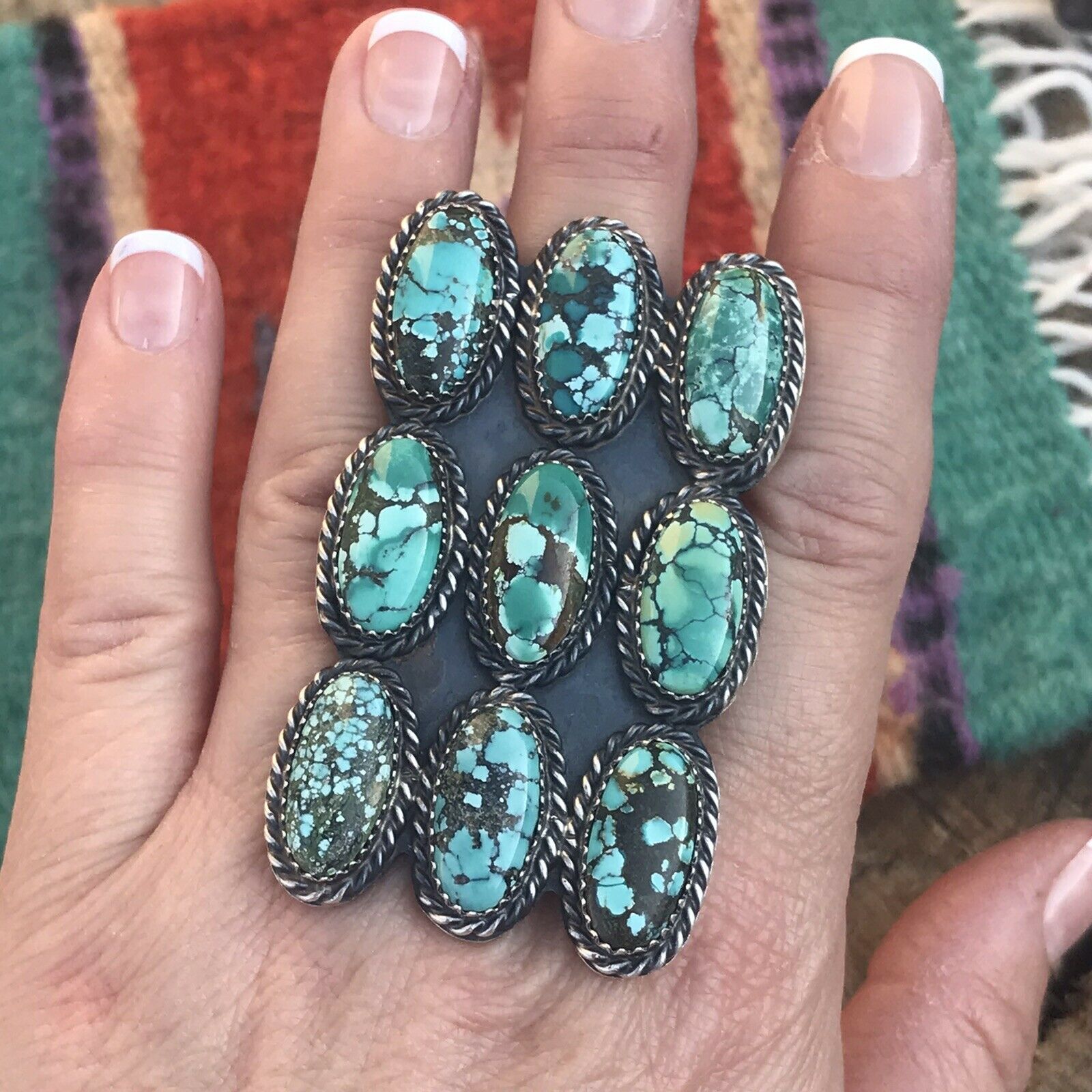 Navajo Tibetan Turquoise Sterling Silver Statement Ring Sz 8.5 Kevin Billah