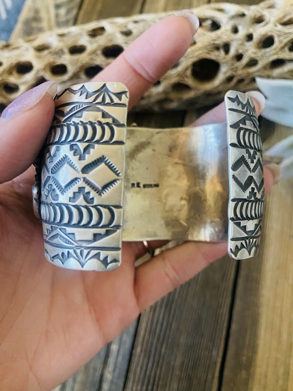 Navajo Hand Stamped Sterling Silver Thunderbird Cuff Made By Rick Enriquez