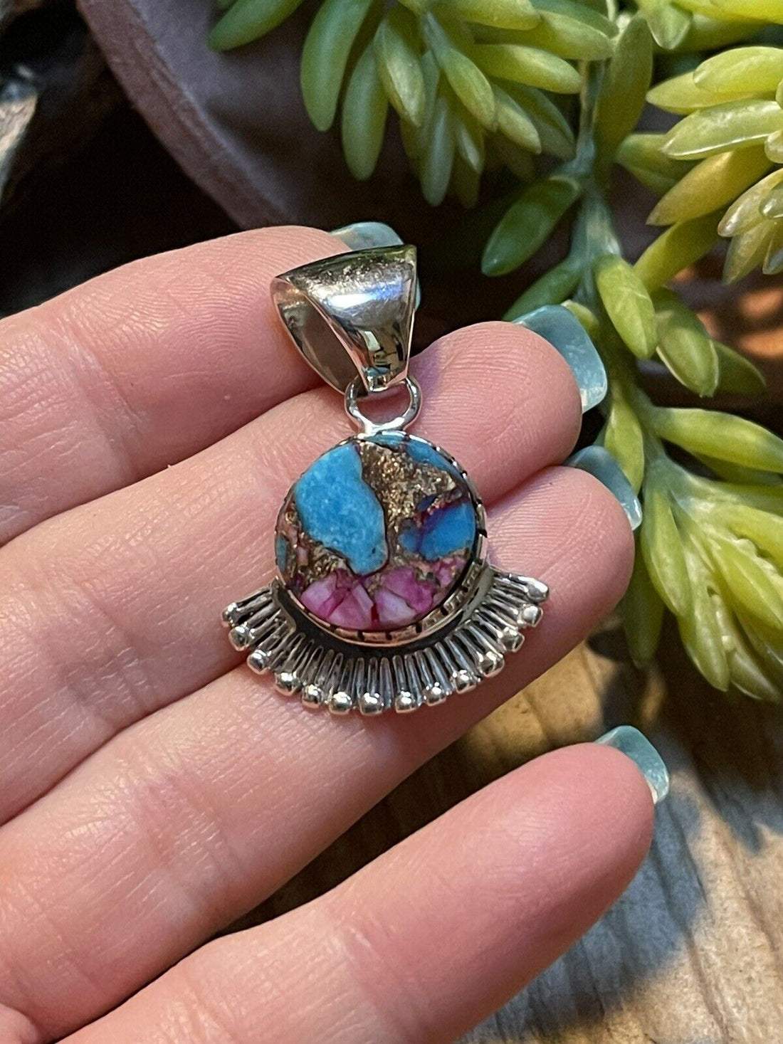 Handcrafted Pink Dream Mojave & Sterling Silver Fancy Fan Pendant