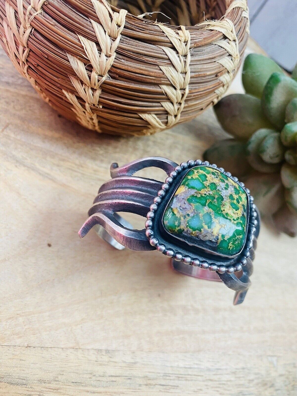 Navajo Sterling Silver & Sonoran Gold Turquoise Cuff Bracelet By Chimney Butte