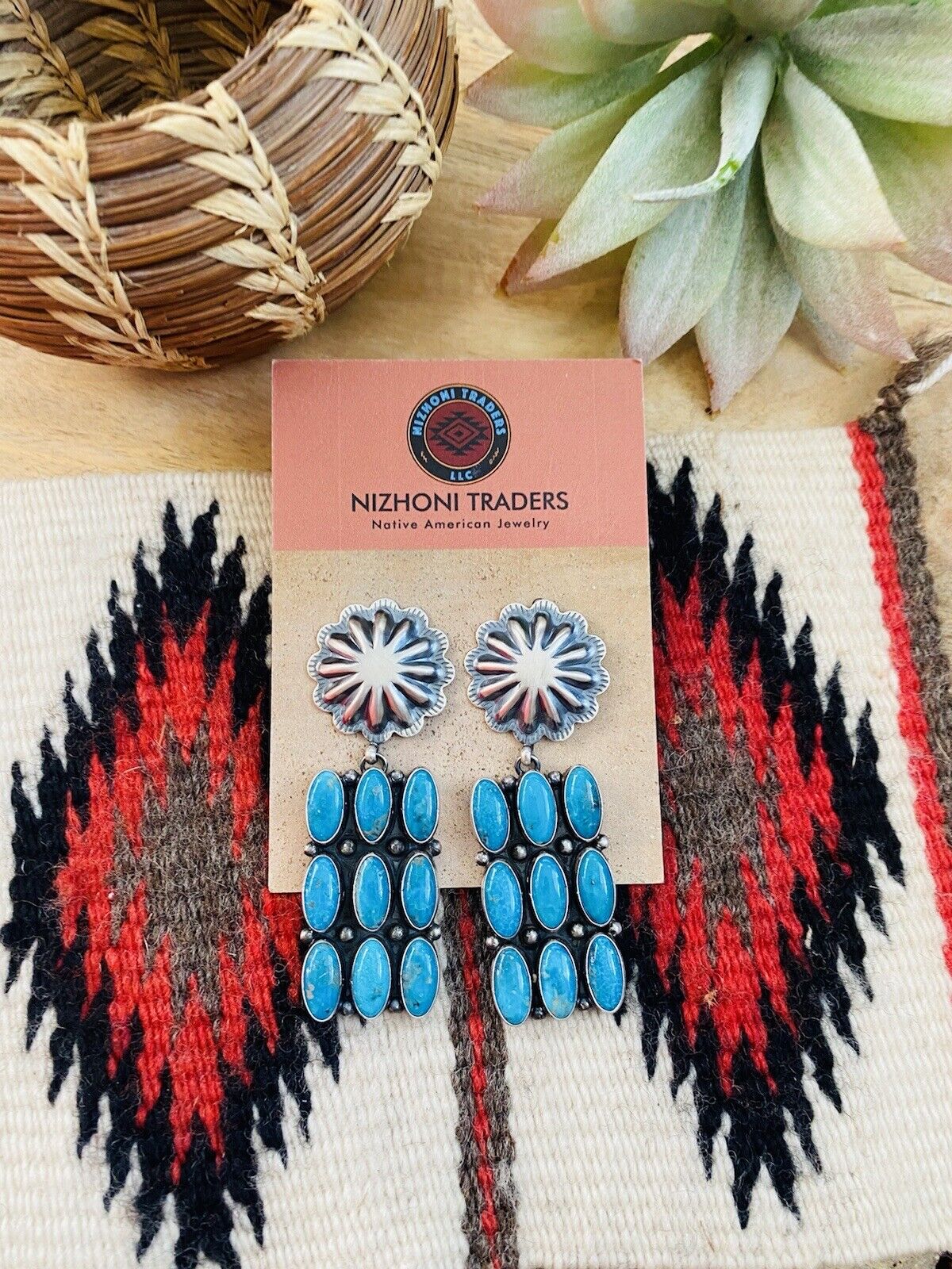 Navajo Turquoise & Sterling Silver Cluster Dangle Earrings Signed