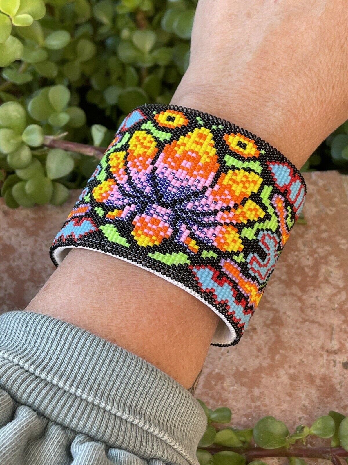 Navajo Handmade Beaded Flower Lotus Cuff Bracelet