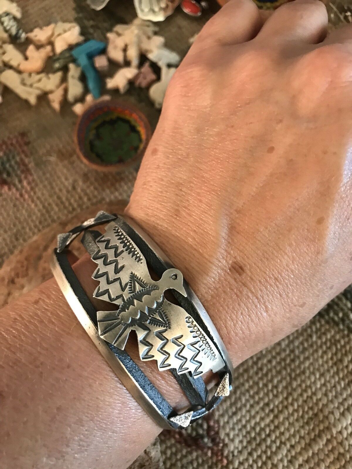 Kevin Yazzie Hand Stamped Sterling Silver Thunderbird Cuff Bracelet, Signed