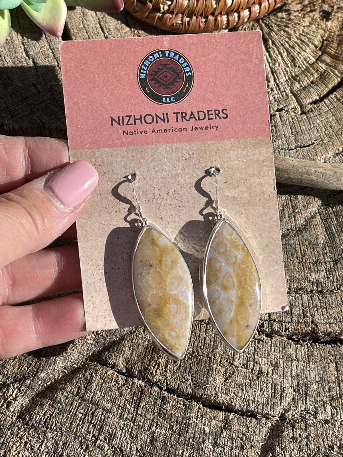 Navajo Fossilized Coral & Sterling Silver Dangle Earrings Signed