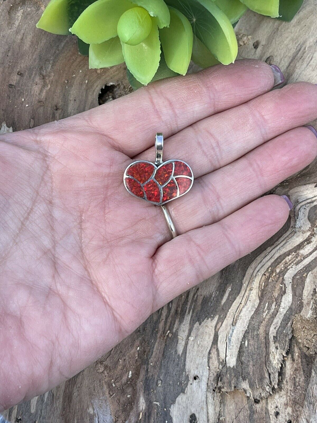 Zuni Iridescent Red Opal & Sterling Silver Heart Pendant