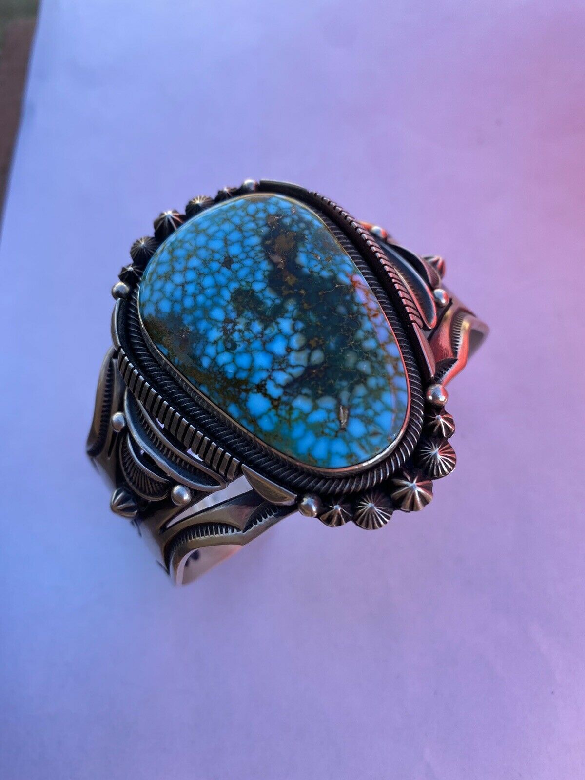 Aaron Toadlena Kingman Web Turquoise Handmade Sterling Cuff Signed