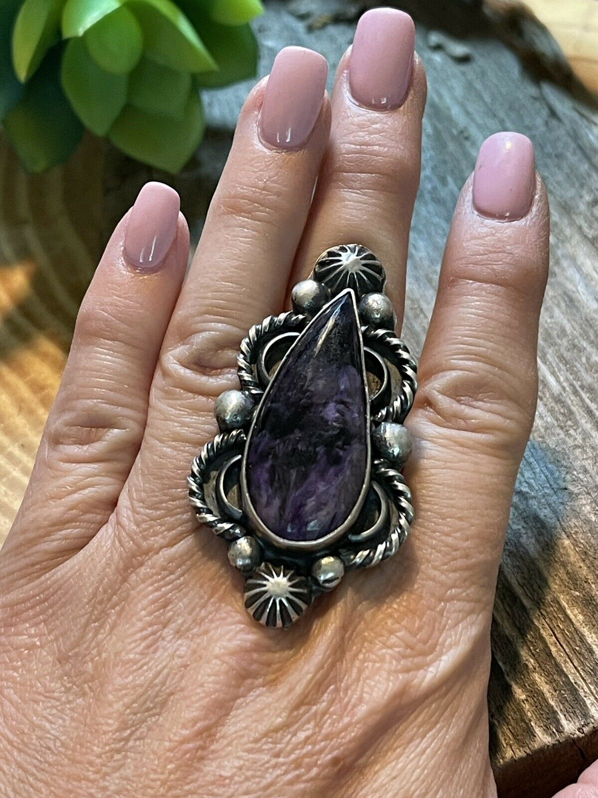 Navajo Purple Charoite & Sterling Silver Statement Ring Size 8 Signed