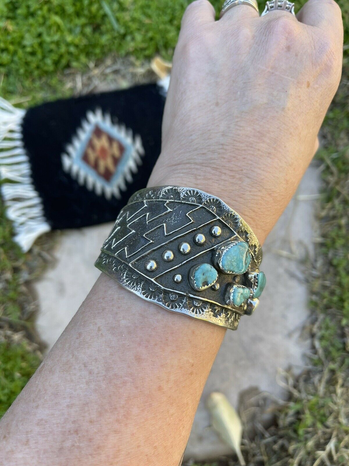 Navajo Turquoise & Sterling Silver Tufa Cast Tribal Cuff Signed Delbert Arviso