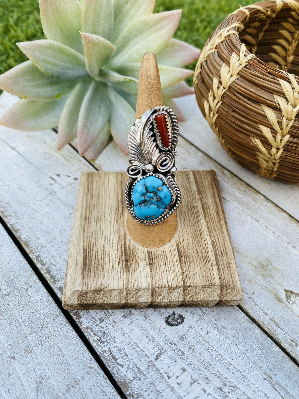 Navajo Turquoise, Coral & Sterling Silver Ring Size 5