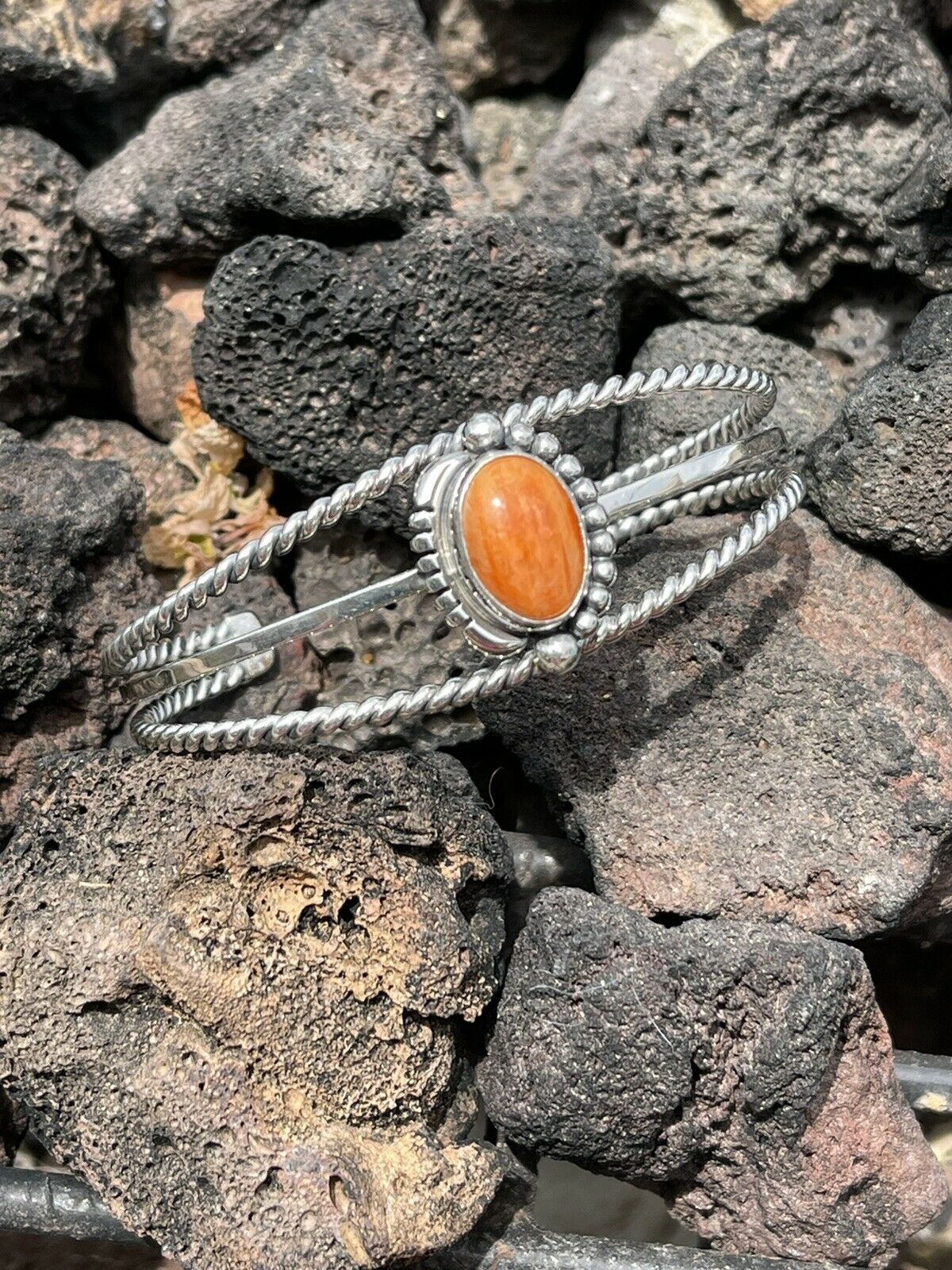 Navajo Orange Spiny Sterling Silver  Cuff Bracelet Signed