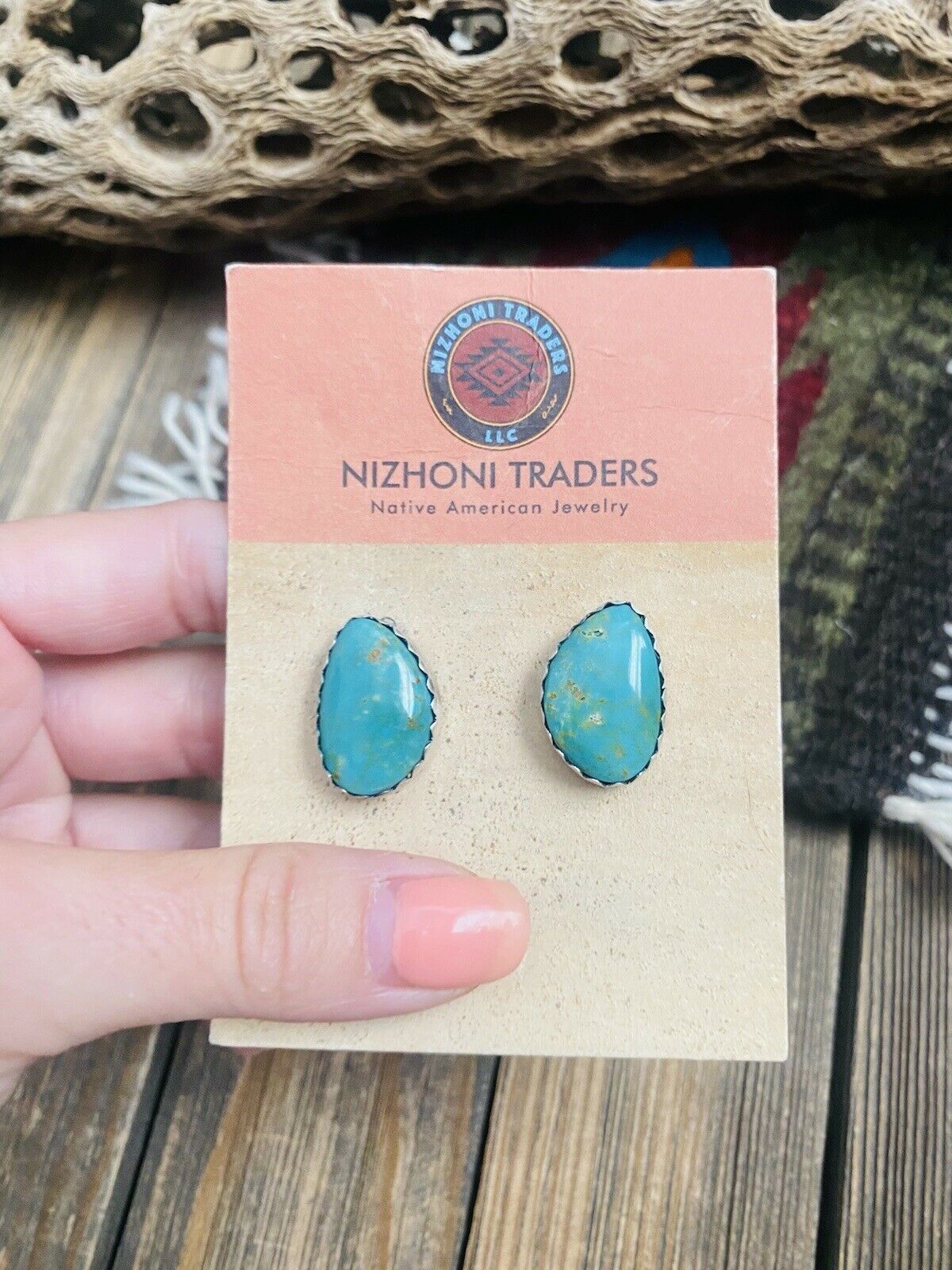 Navajo Turquoise & Sterling Silver Post Earrings Signed