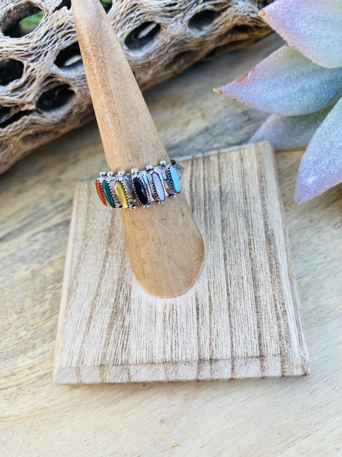 Zuni Sterling Silver & Multi Stone Needlepoint Band Ring