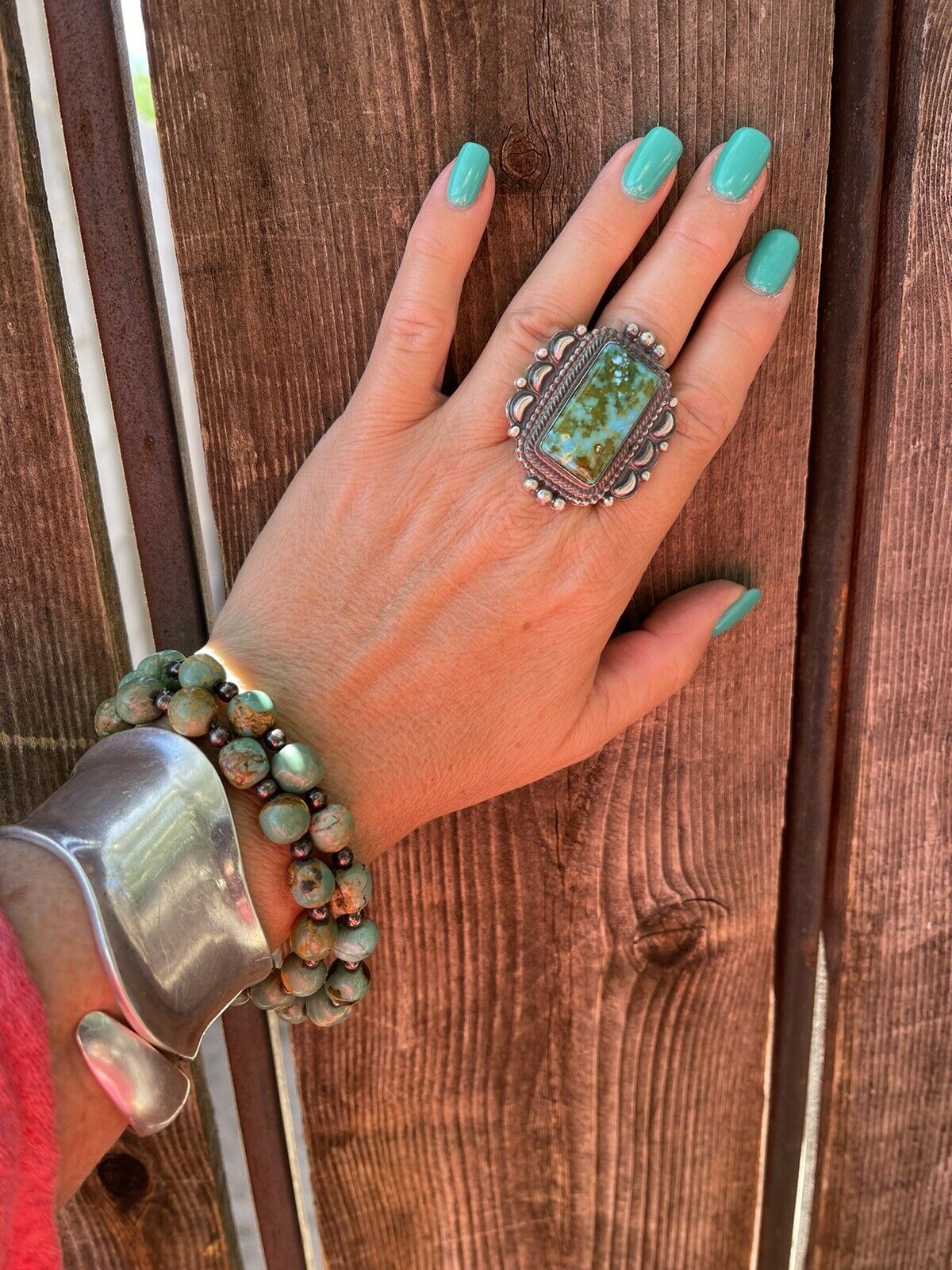 Navajo Sonoran Mountain Turquoise & Sterling Silver Statement Ring Size 9.5