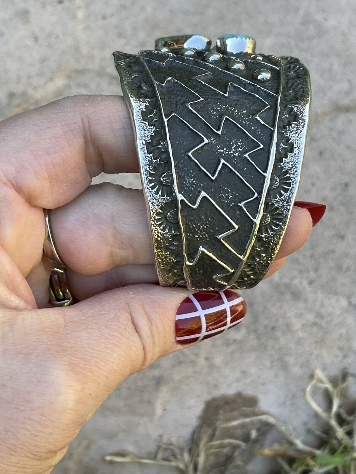 Navajo Turquoise & Sterling Silver Tufa Cast Tribal Cuff Signed Delbert Arviso