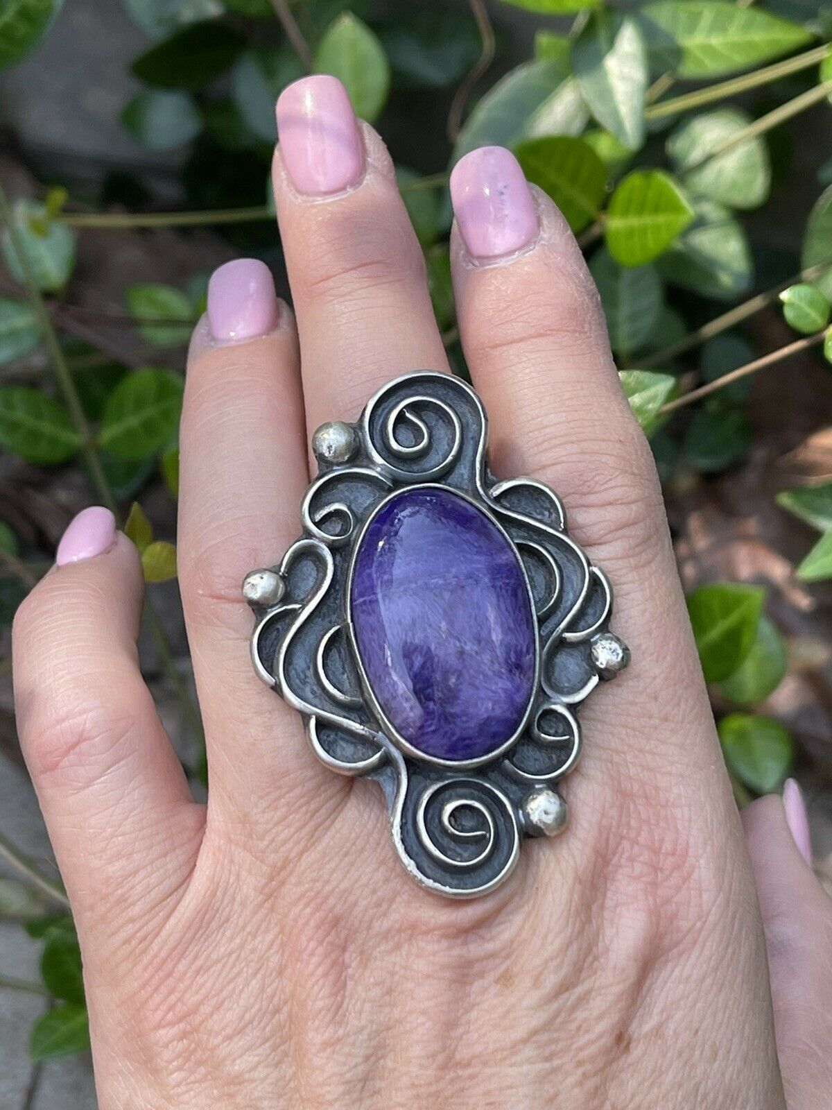 Navajo Purple Charoite & Sterling Silver Swirl Statement Ring Size 7