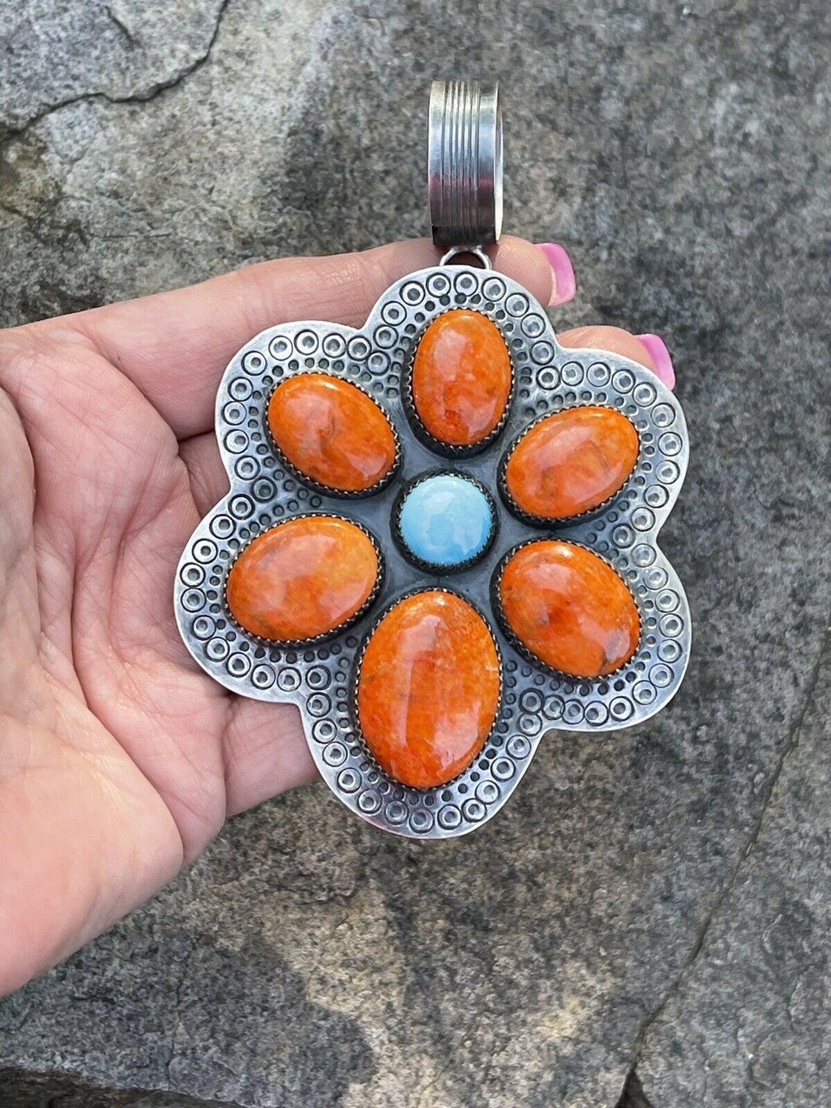 Navajo Sterling Silver Turquoise & Orange Spiny Flower Pendant Signed