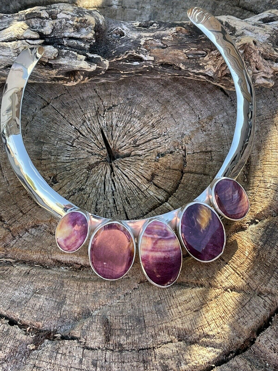 Handcrafted Sterling Silver & Spiny 5 Stone Choker Necklace Signed