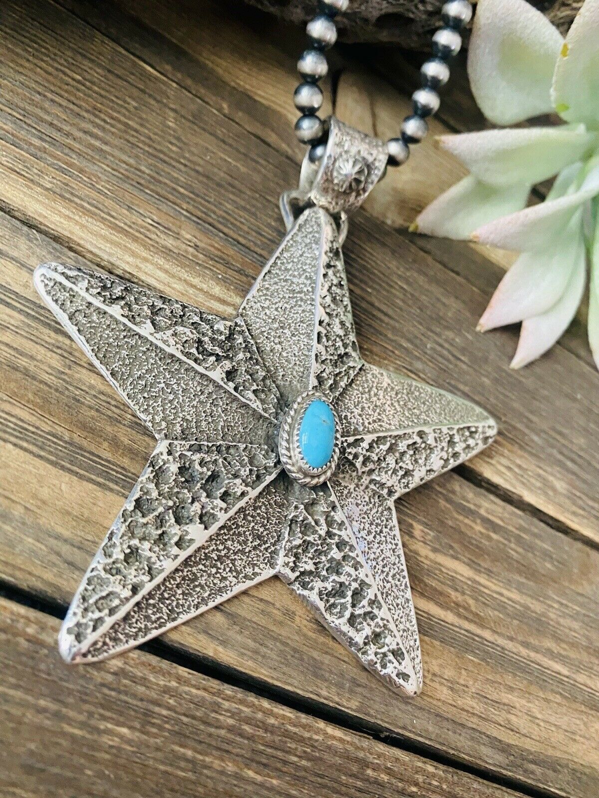 Navajo Turquoise & Sterling Silver Tufa Cast Star Pendant