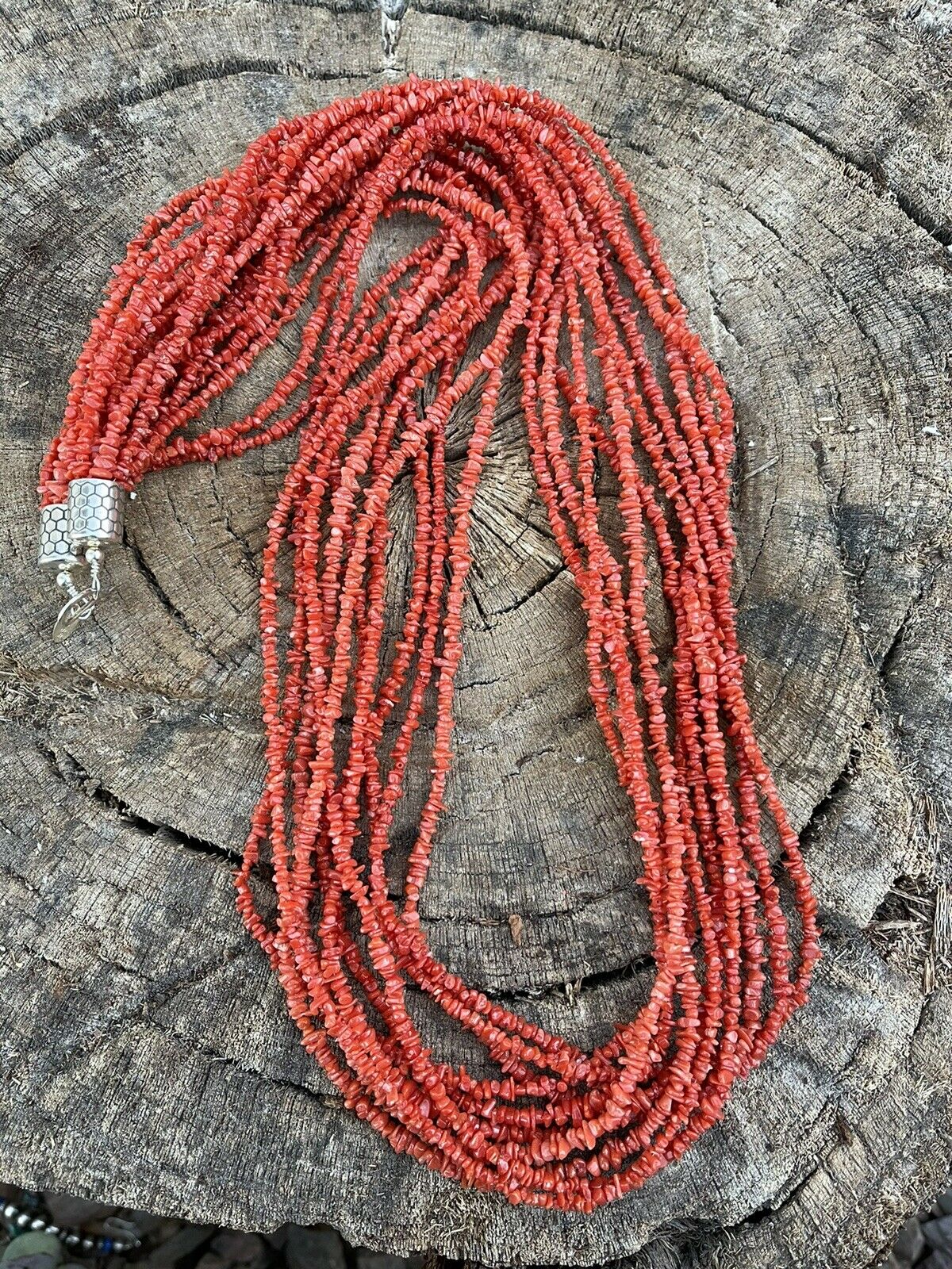 Navajo Sterling Silver Pink Coral 10 Strand Bead Necklack