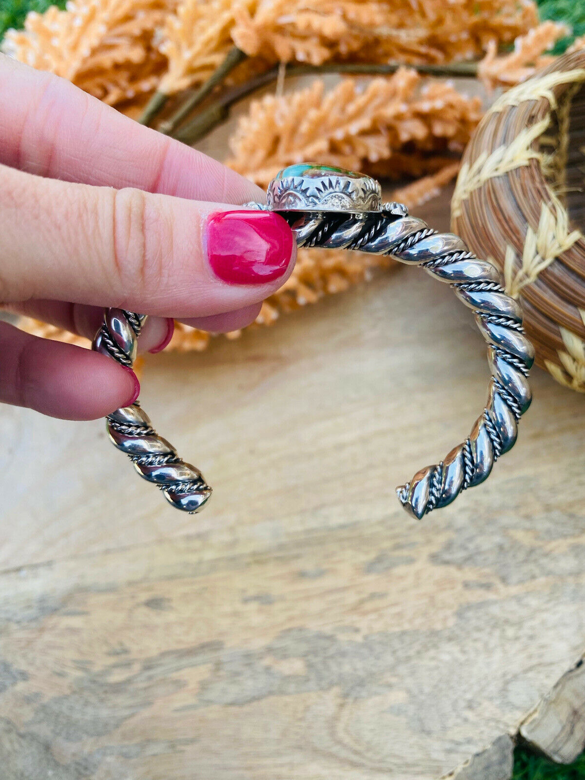 Navajo Hand Stamped Sterling Silver & Royston Turquoise Cuff Bracelet